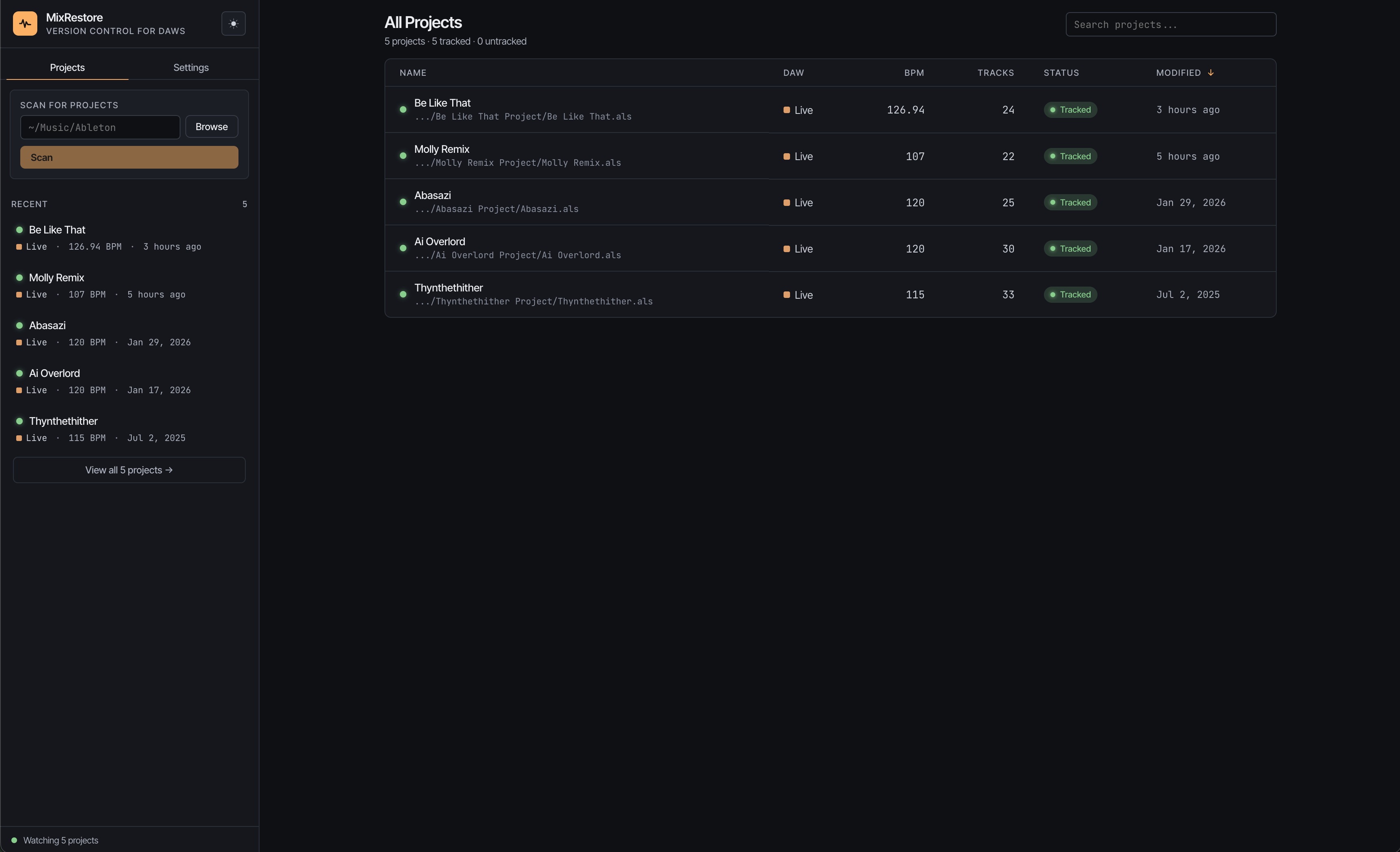 Project list view showing tracked Ableton projects