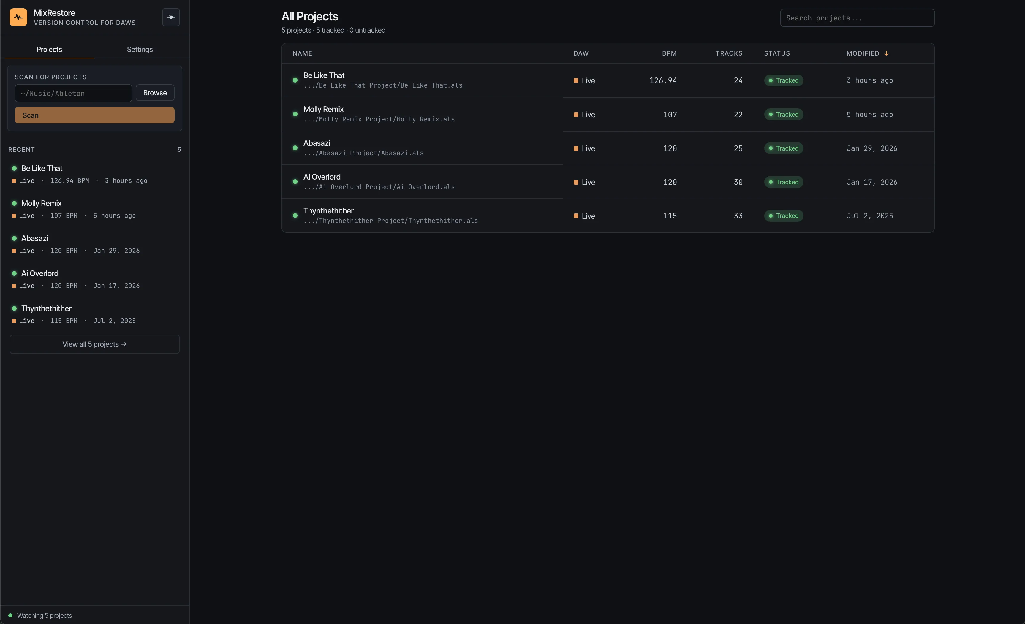 Project list view showing tracked Ableton projects