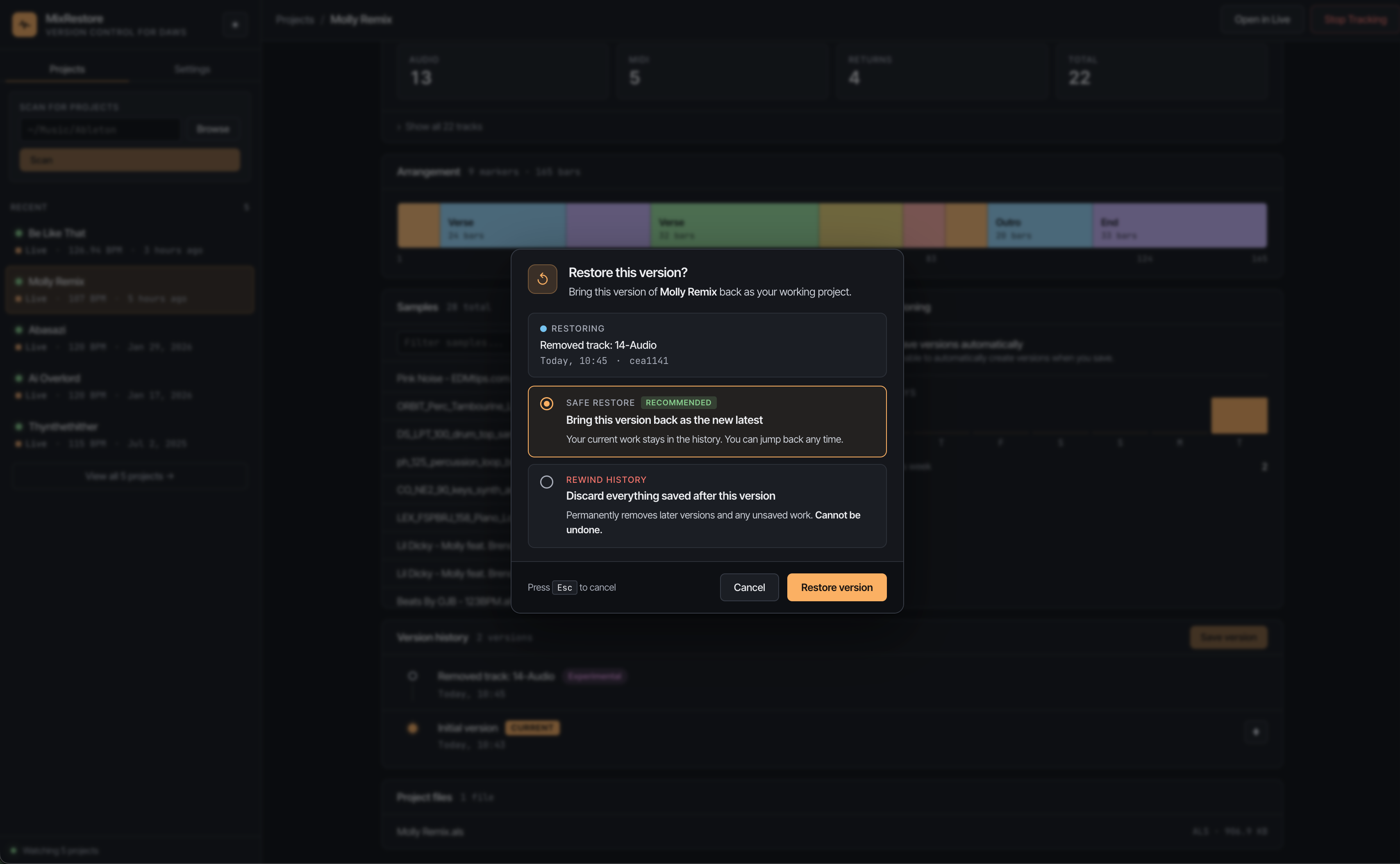 Restore dialog for rolling back to a previous version