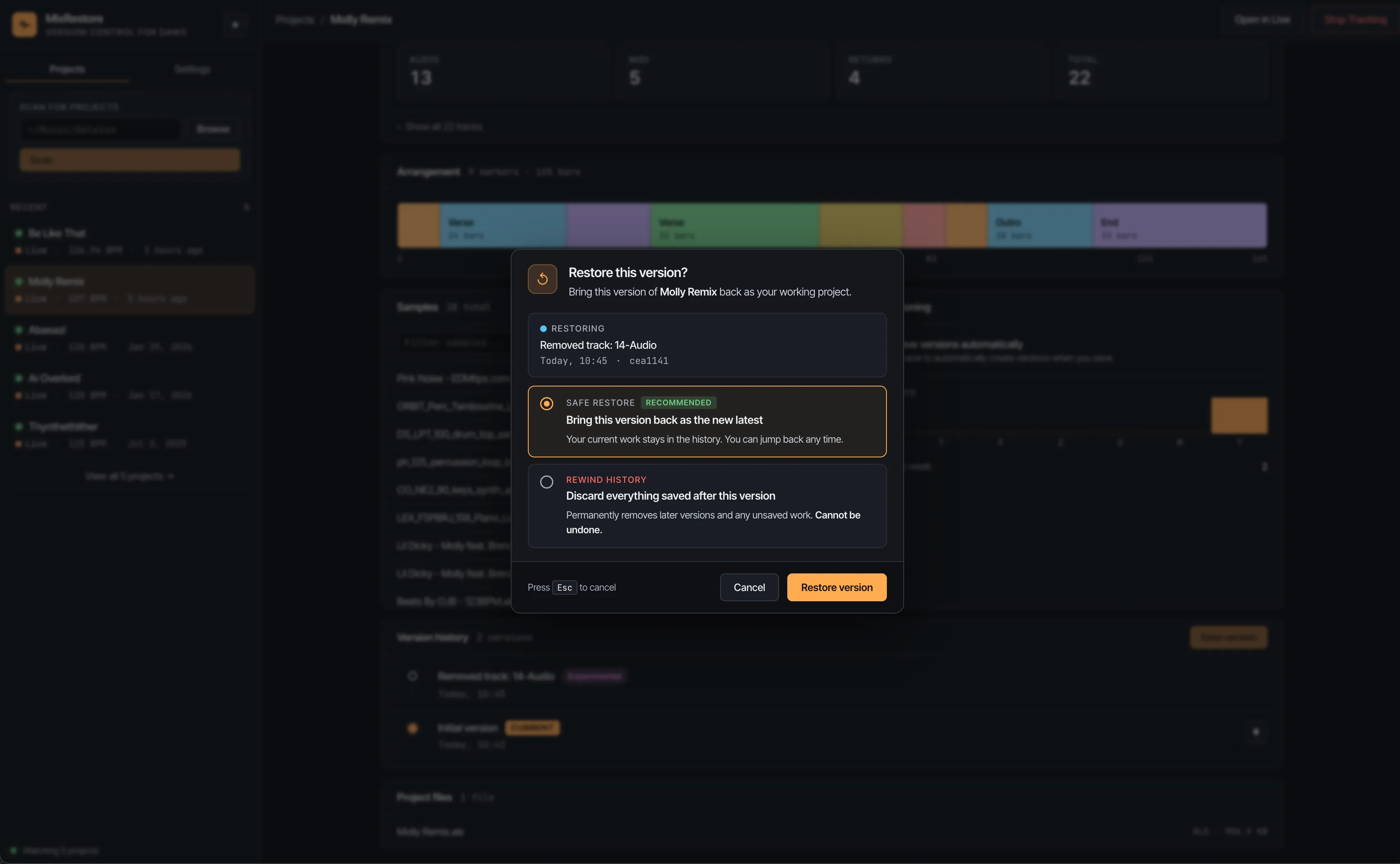 Restore dialog for rolling back to a previous version